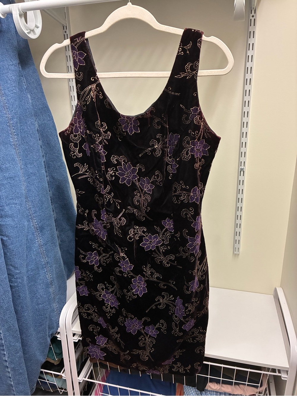 Sleeveless Black Velvet Mini Dress with Purple & Gold Floral Accents